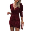 2020 Trendy Waist-Fitted Slimming Solid Color V-Neck Long Sleeve Tight Dress Ethnic Style Nightclub Dress For Women