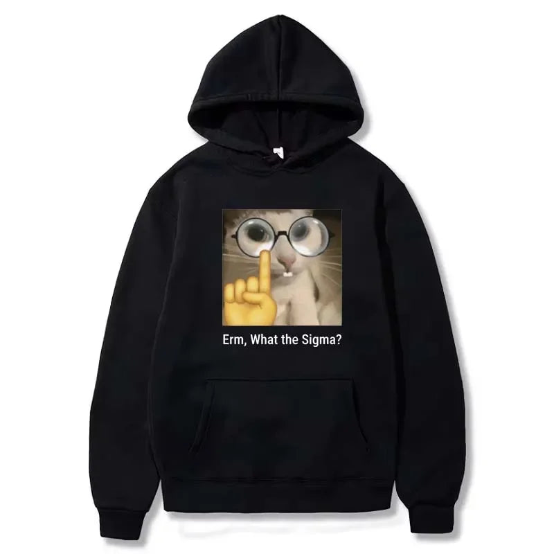 Erm, What Sigma? Funny Meme Sport Hoodie for Men Women Silly Cat Humor Printed Fashion Tops Fleece Sweatshirt Winter Hoodie