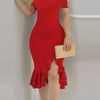 Fashion Autumn Winter  Solid Color Party Off Shoulder Dress Sexy Round Neck Out Sleeve Split Hip Skirt Elegant Slim Women Dress