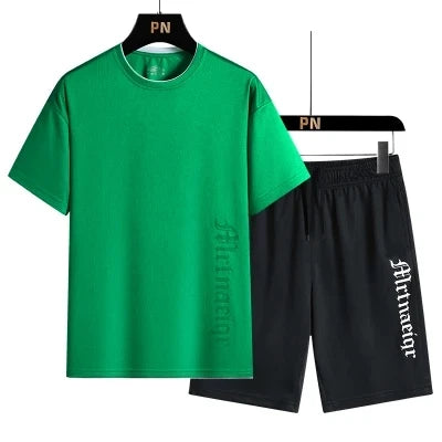 2024 Summer New Fashion Solid Color Short-Sleeved T-shirt Set Men's Casual Relaxed Comfortable Breathable Sports Two-Piece Set