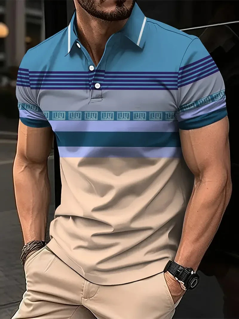 Men's Polo T-Shirt Streetwear Fashion Stripe Printing Summer New Short Sleeves Button Tops Oversized Casual Golf High-quality