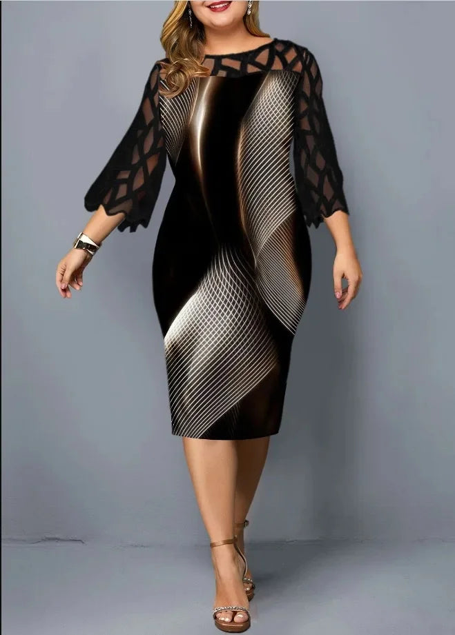 Plus Size Digital Printed Lace Splice Seven And A Half Sleeve Dress Plus Size Women's Clothing Quick Selling Through EBay