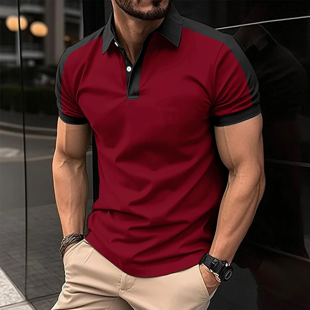 Amazon New Cross-border Men Casual POLO Shirt Fashionable Lapel Button Business Color Matching Versatile T-shirt Top