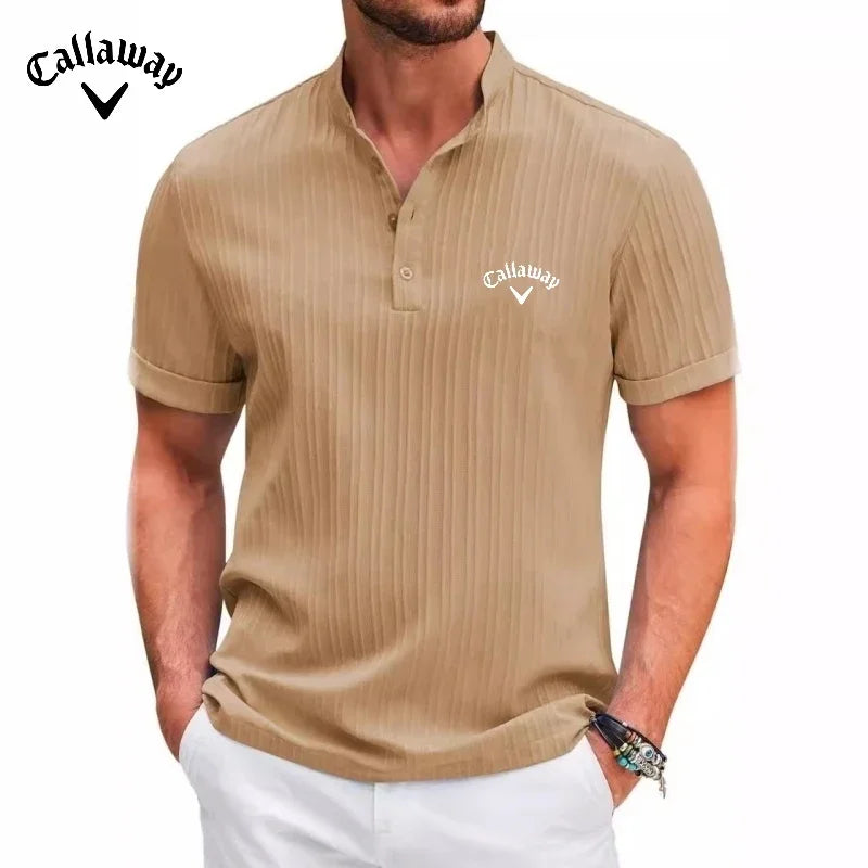 New High-end Embroidered Cotton and Linen Striped Henry Shirt for Men's Summer Casual Fashion Comfortable Breathable T-shirt Top