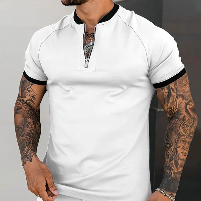 Casual England Style short Sleeve T Shirt Men's Vintage Solid Zipper O Collar Polo Pullover Summer Clothing Men's Shirt