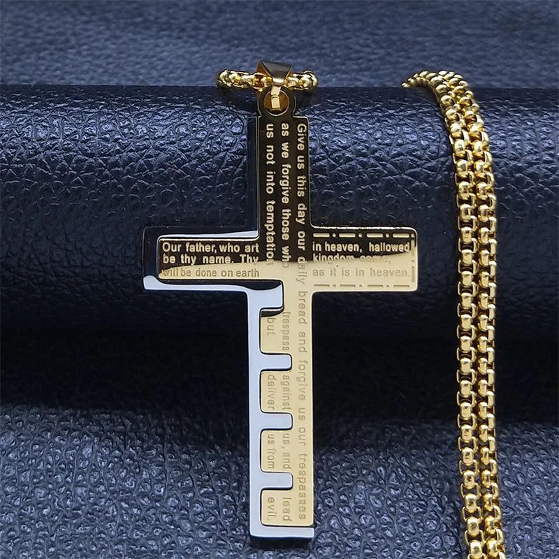 Christian Jesus Cross Necklace Chain for Men Stainless Steel Gold Color Bible Prayer Man Male Jewelry collar hombre N2005S02