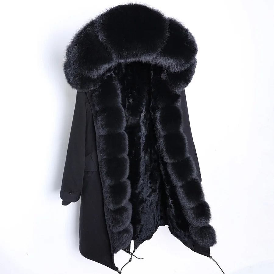 MAOMAOKONG NEW Women's winter coats fur coat Natural real raccoon fur collar jackets Rabbit lining parka Female X-Long