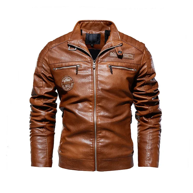 Motorcycle Leather Jacket Autumn Casual Patchwork Vintage Overcoat Biker PU Embroidery Bomber Zipper Fleece Jackets Male