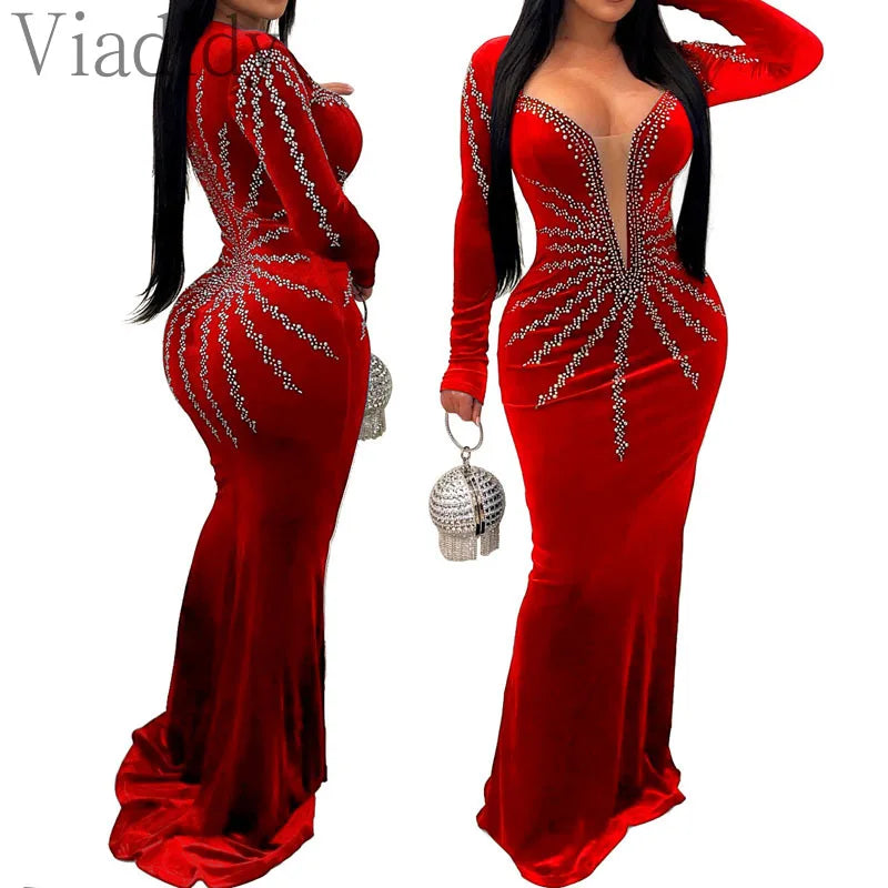 Women Sexy Velvet Mesh Rhinestone V-Neck Floor-Length Evening Party Dress Long Sleeve Back Zipper Mermaid Dresses