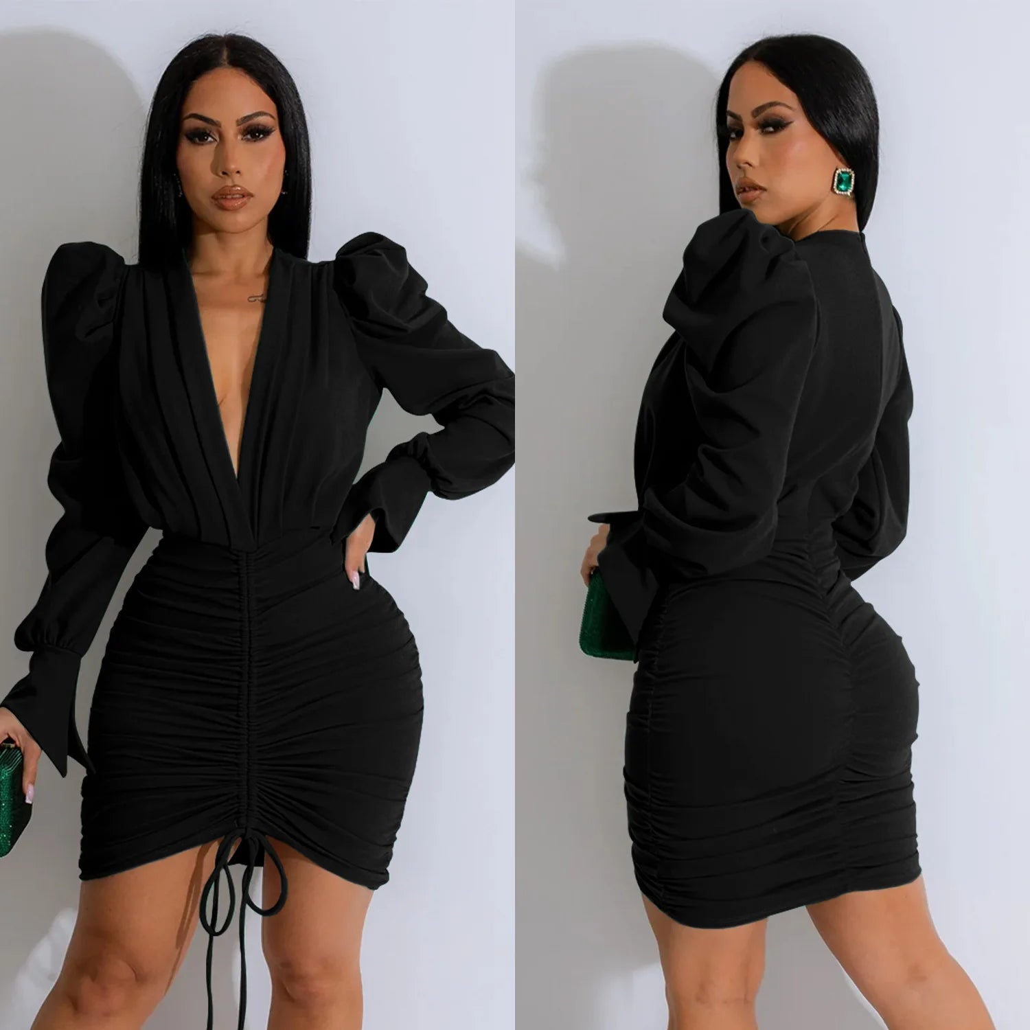 Puff Sleeve V Neck Pleated Mini Dress Lady Sexy Party Bodycon Evening Dresses Women Elegant Luxury Birthday Club Dresses