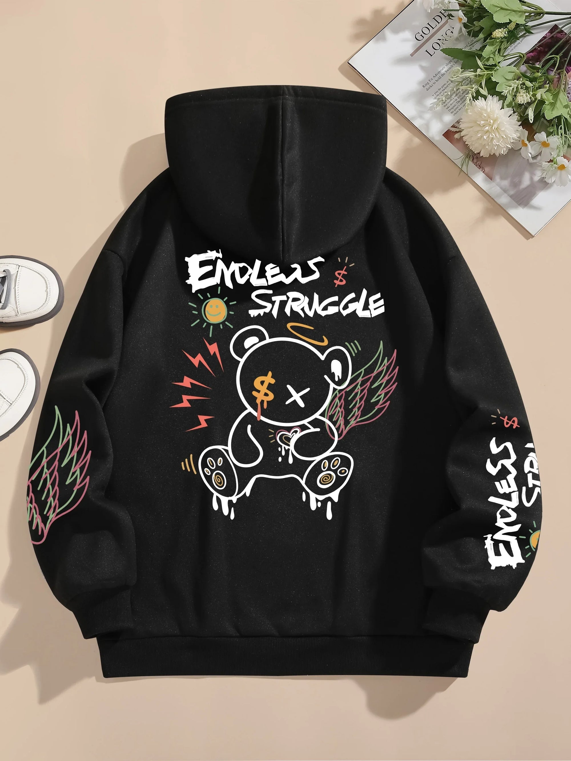 Street men's and women's sweatshirts endless struggle graffiti bear printed hoodie loose pullover sweatshirt casual