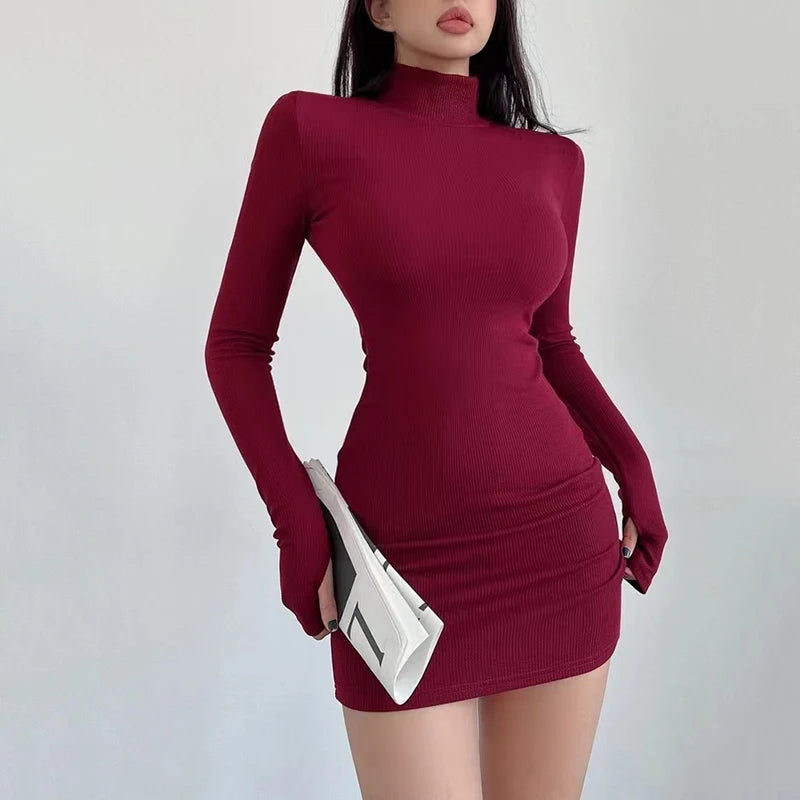 Black Half Turtleneck Mini Dress Women Y2K Long Sleeve Sexy Slim Hip Dress Fall Winter Ladies Streetwear Party Club Vestidos