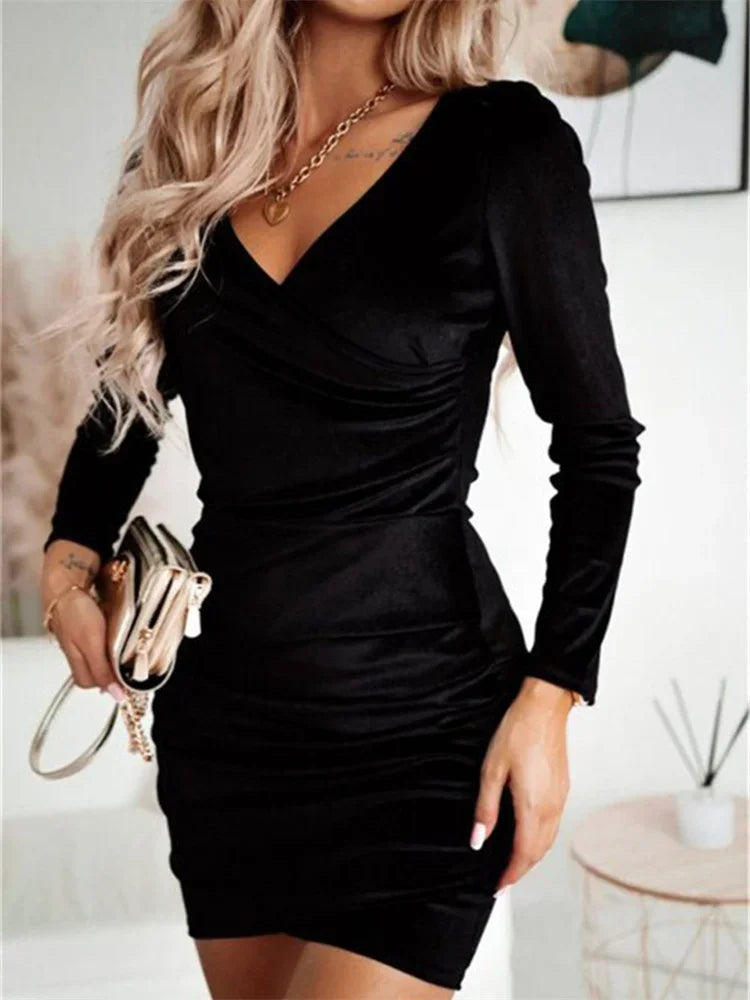 Women Sexy Mini Dress 2021 Spring Autumn Split Sheath Solid Folds Dress Lady Black Plus Size Tunic V-Neck Bodycon Dress Vestido