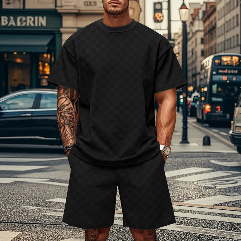 Jacquard PJlaid Short Sleeve T-shirt Fashion Sports Set Breathable T-shirt + Shorts Sports Two-piece Set