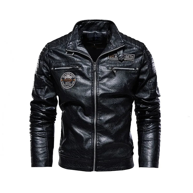 Motorcycle Leather Jacket Autumn Casual Patchwork Vintage Overcoat Biker PU Embroidery Bomber Zipper Fleece Jackets Male