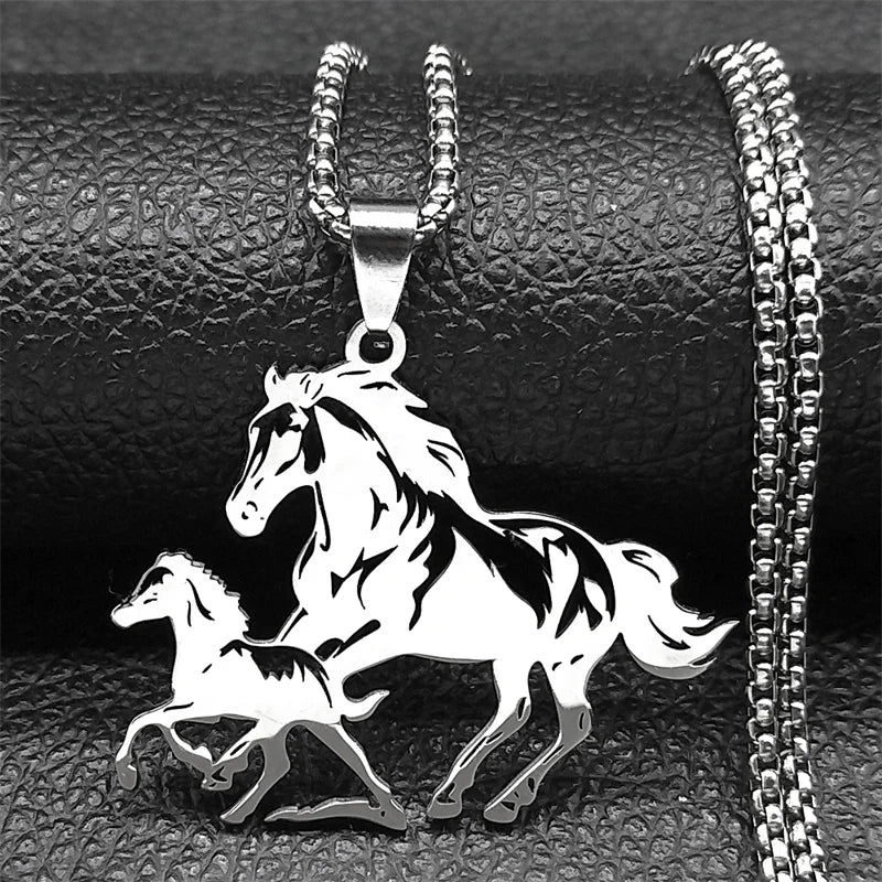 Big Horse With Pony Pendant Necklace for Women Men Stainless Steel Animal Running Horse Hollow Necklaces Jewelry Birthday Gifts