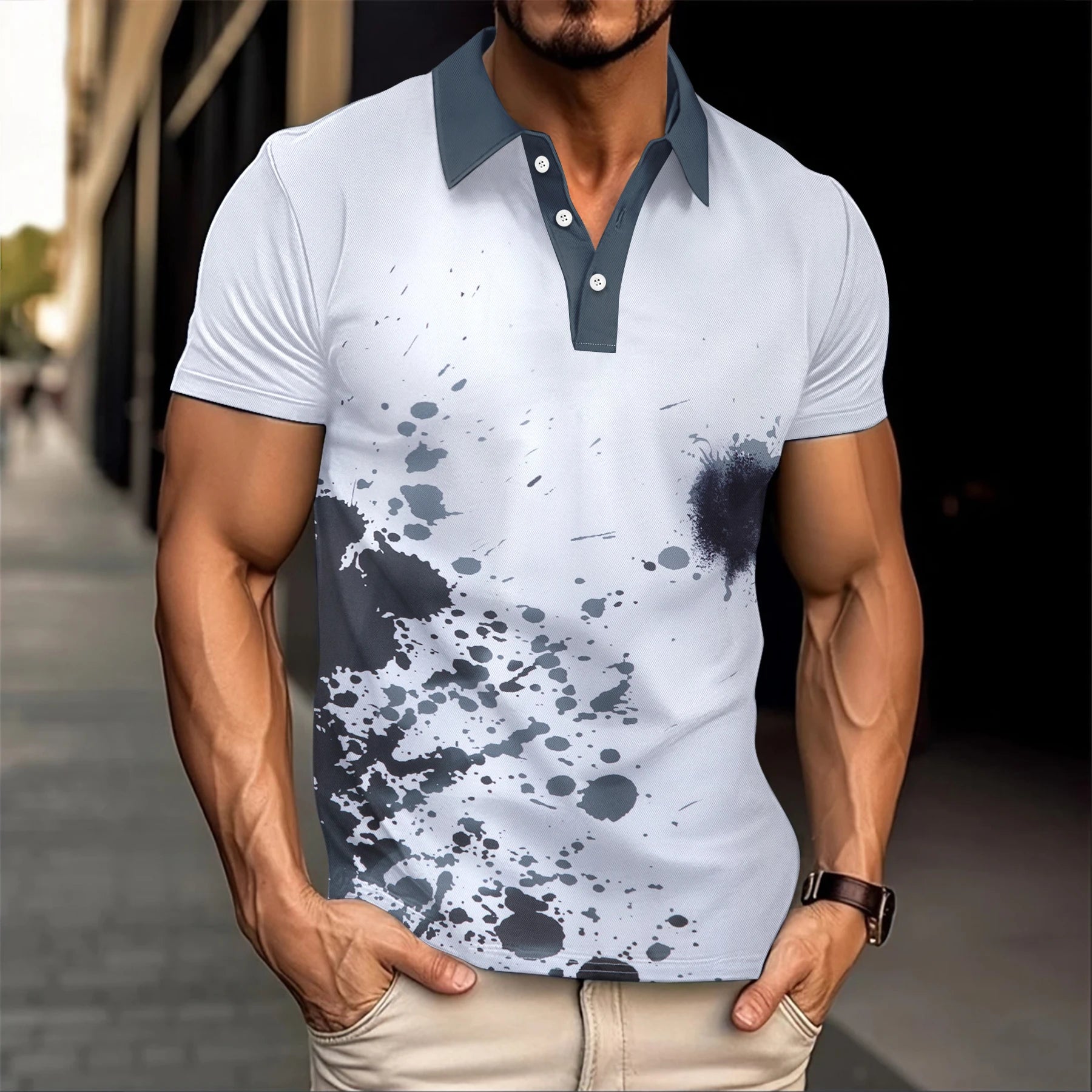 Short-sleeved Polo Shirt Painted Print Casual T-shirt Lapel button fashion Top Top men's Clothing