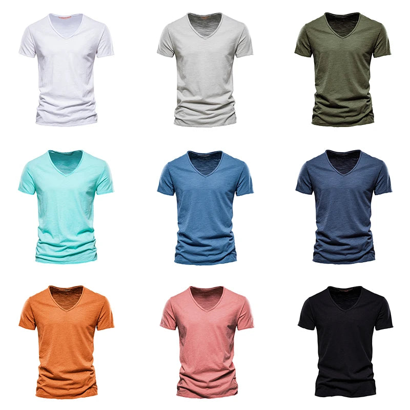 10 Colors 100% Cotton Men T-shirt V-neck Fashion Design Slim Fit Soild T-shirts Male Tops Tees Short Sleeve T Shirt For Men