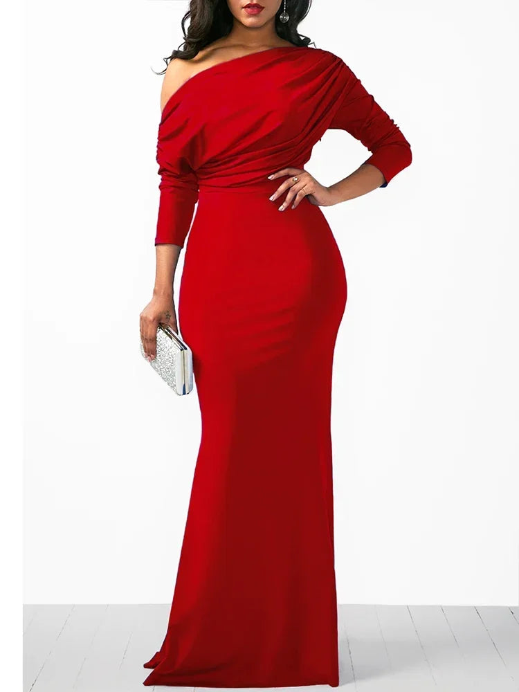 Oblique Shoulder Long Sleeved Pleated Evening Dress Vestidos De Mujer Elegant Maxi Robe Female