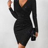 Sexy Luxury Evening Dress Urban Black V-Neck Long Sleeved Shiny Ruffled Bodycon Dress Spicy Girl Tight Fitting Midi Dresses