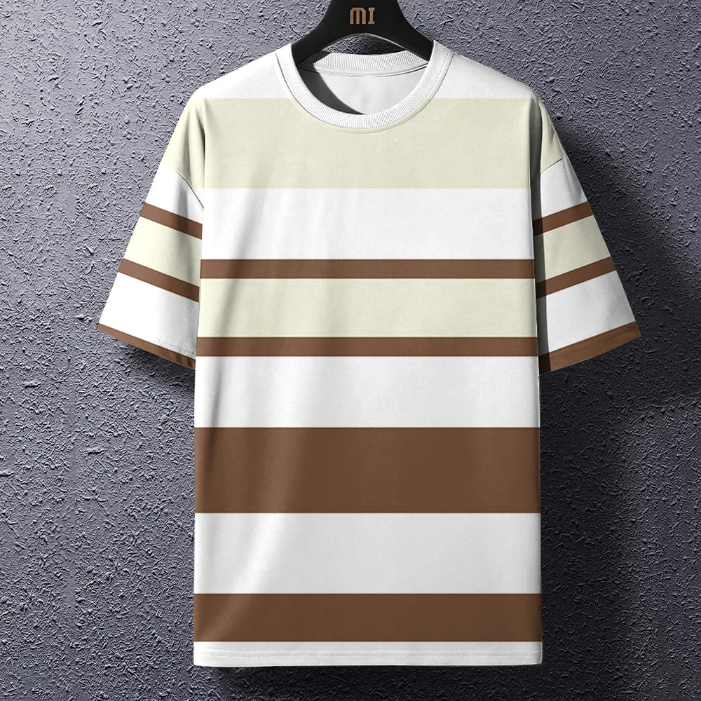 Summer Men's T-Shirt Stripe Print Crew Neck Pullover Business Casual Short Sleeve Tops Middle-Aged And Elderly Oversized Clothes