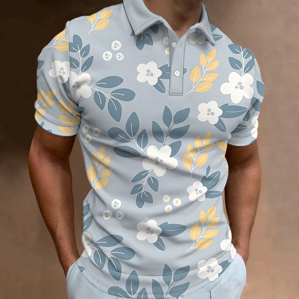 Men's Polo Shirt Summer Street Casual Short Sleeve Flower Print Buttons Tops Fashion Pullover Oversized Clothing Male Golf Wear