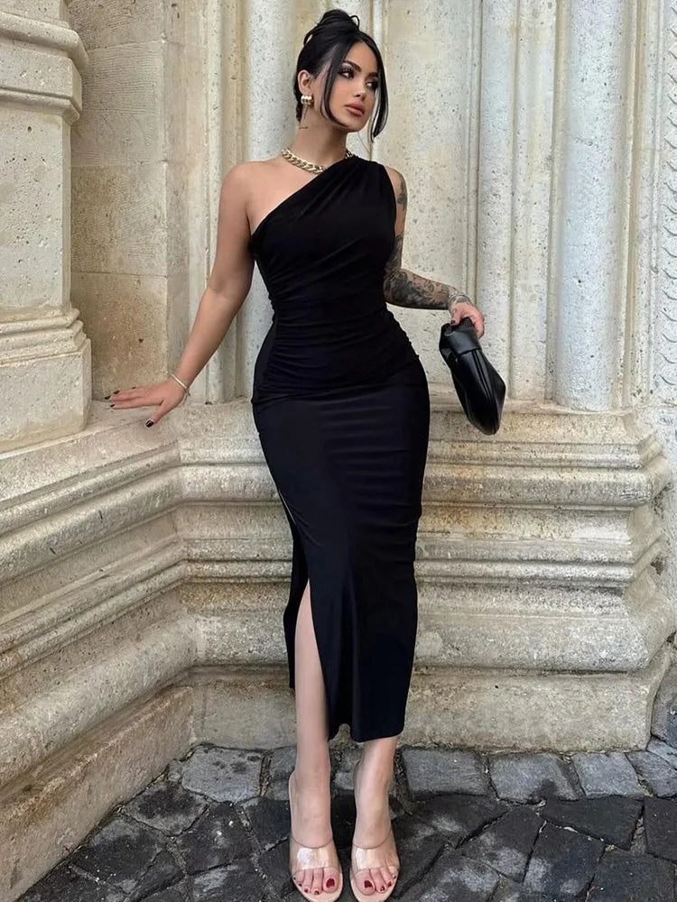 Black Maxi Dress Women Elegant Party Summer Fashion Sexy Split Sleeveless Backless Dress Off Shoulder Streetwear Club Slim Dress