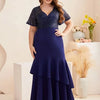 Plus Size V Neck Blue Banquet Prom Short Sleeve Evening Dress 4XL 5XL Big Size Banquet Bridesmaid Shiny Prom Gown