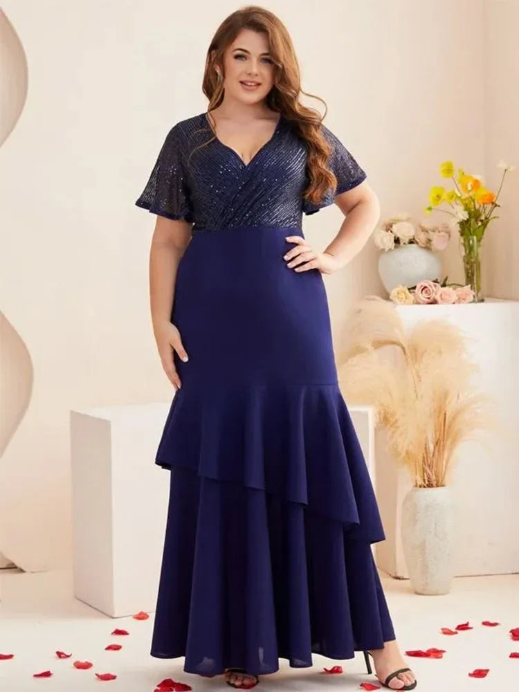 Plus Size V Neck Blue Banquet Prom Short Sleeve Evening Dress 4XL 5XL Big Size Banquet Bridesmaid Shiny Prom Gown