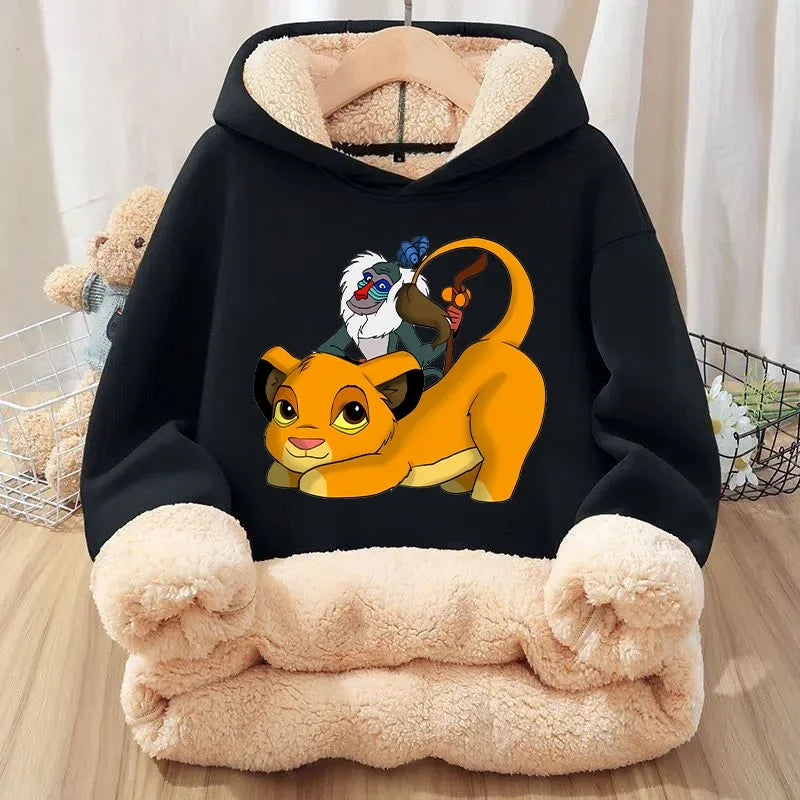 Mufasa Lion King Baby Sweatshirt Thickened Fleece Hoodie Boys Child's Anime Long Sleeve Winter Warm Cashmere Hooded Tops Clothes