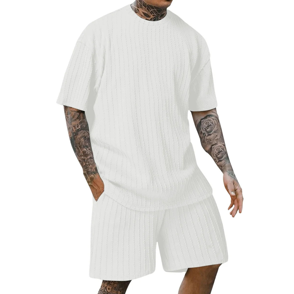 Men's new fashion summer sports solid color crew-neck vertical stripe T-shirt shorts short-sleeved suit