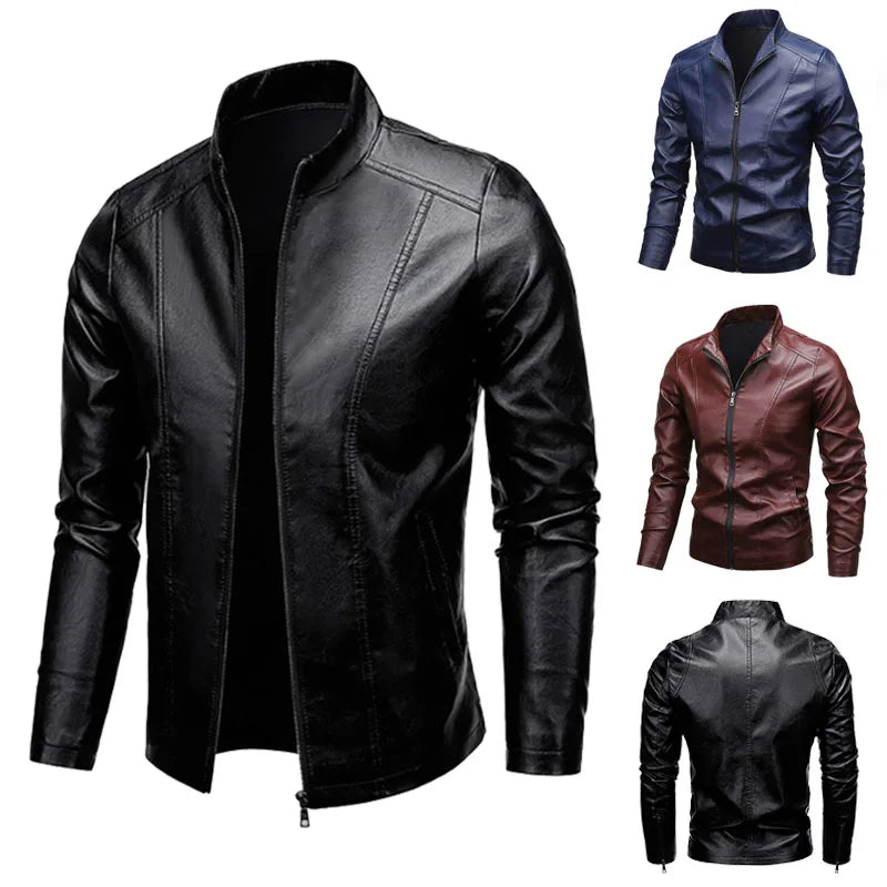 Autumn New Men Leather Coat Vintage Classic Stand Collar Male Faux Leather Jacket Trend Casual Fit Slim Motorcycle Clothes