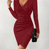 Fashion Women's Dress Elegant Fashion Solid V Neck Long Sleeve Mini Wrap Bodycon Folds Sexy Party Dresses For Women Vestidos