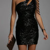 One Shoulder Cutout Allover Sequin Party Dress Women Sleeveless High Waist Evening Mini Dress Slim Sequined Solid Color