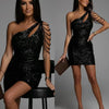 One Shoulder Cutout Allover Sequin Party Dress Women Sleeveless High Waist Evening Mini Dress Slim Sequined Solid Color