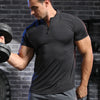 Men's Fitness Ice Silk Sports Tight Tops Running Training Dry Fit Short Sleeve with Half Zip Bodybuilding Tee Muscle Fit T-shirt