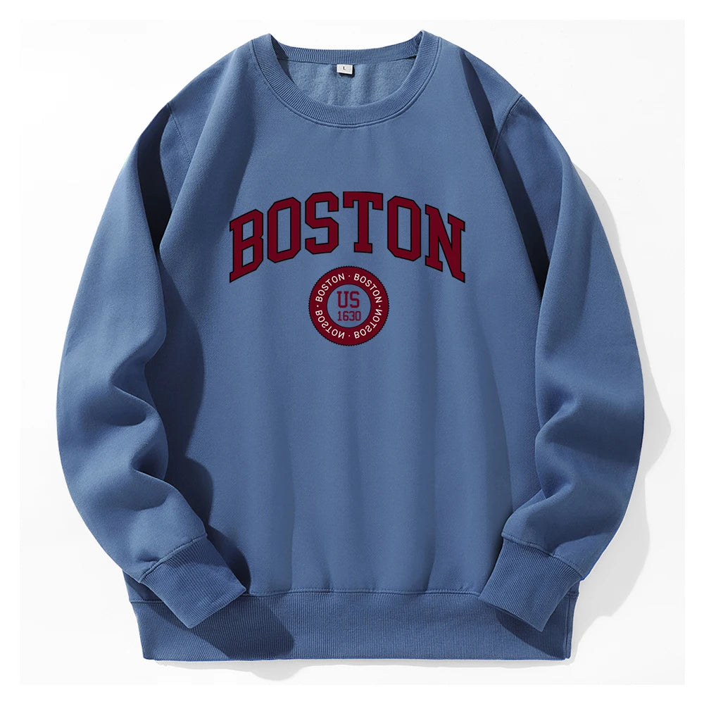 Boston City Us Founded In 1630 Men Hoody Warm Fleece Crew Neck Tracksuit Fashion Classic New Hoodie Sports Street Loose Hoodies