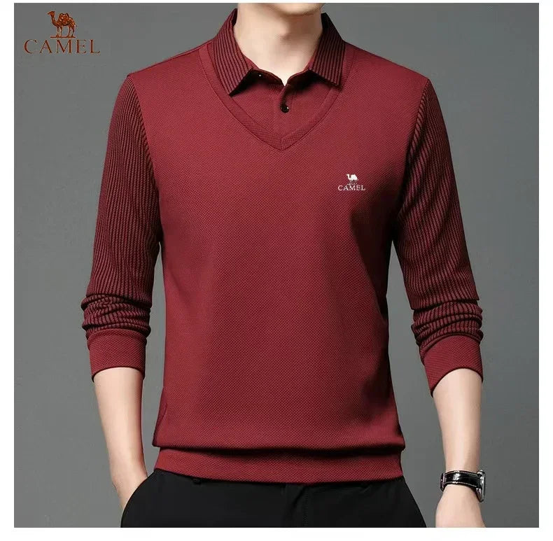 New Long Sleeve Polo Shirts Waffle Men's Long Sleeve T-shirt Spring Lapel Business Casual Polo Shirt Elastic Base Shirt Top