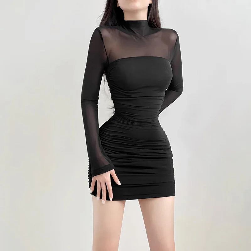 Half High Neck Mesh Stitching Long Sleeve Micro Transparent Spice Girl Dress ins New Summer Style Pure Wind Skirt