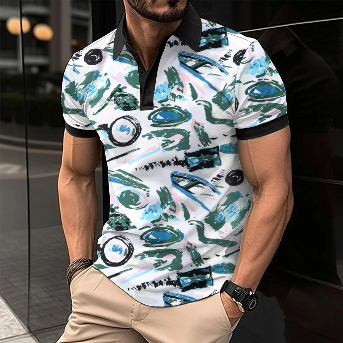 Polo T-Shirt Summer Short Sleeve Clothing Fashion striped Print Street Casual Button up Top