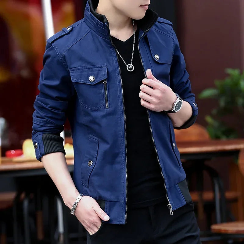 Thin Men's Jacket Korean Style Fashion Stand Collar Spring Autumn Cargo Jacket Coat