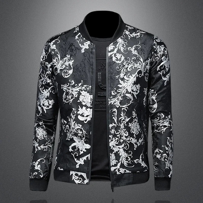 Minglu Stand Collar Men's Jackets High Quality Long Sleeve Floral Jacquard Zipper Casual Male Coats Fashion Man Outerwear 5XL