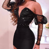 Women Strapless Mesh Splicing Long Sleeve Mini Dress Bodycon Sexy Fashion Party Dress