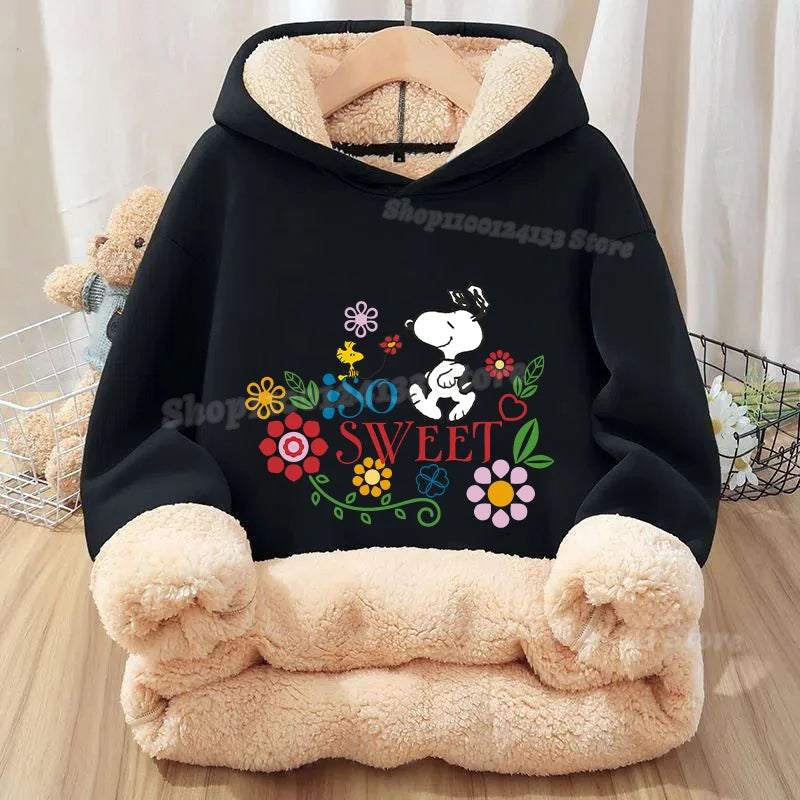 Snoopys Baby Sweatshirt Thickened Fleece Girl Hoodie Cartoon Clothes Long Sleeve Winter Warm Cashmere Hoodie Tops Jacket Kid New