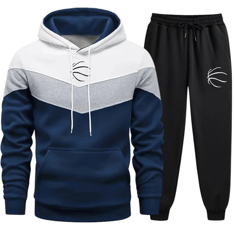 Autumn Winter Trend Mens Tracksuit Tricolor Striped Hoodies and Black Sweatpants High Quality Male Daily Casual Sport Hooded Set