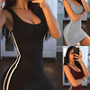 Sexy Wrap Deep U Neck Backless Striped Splicing Bodycon Dress Women Solid Color Sleeveless Slim Mini Dress Club Party Vestidos