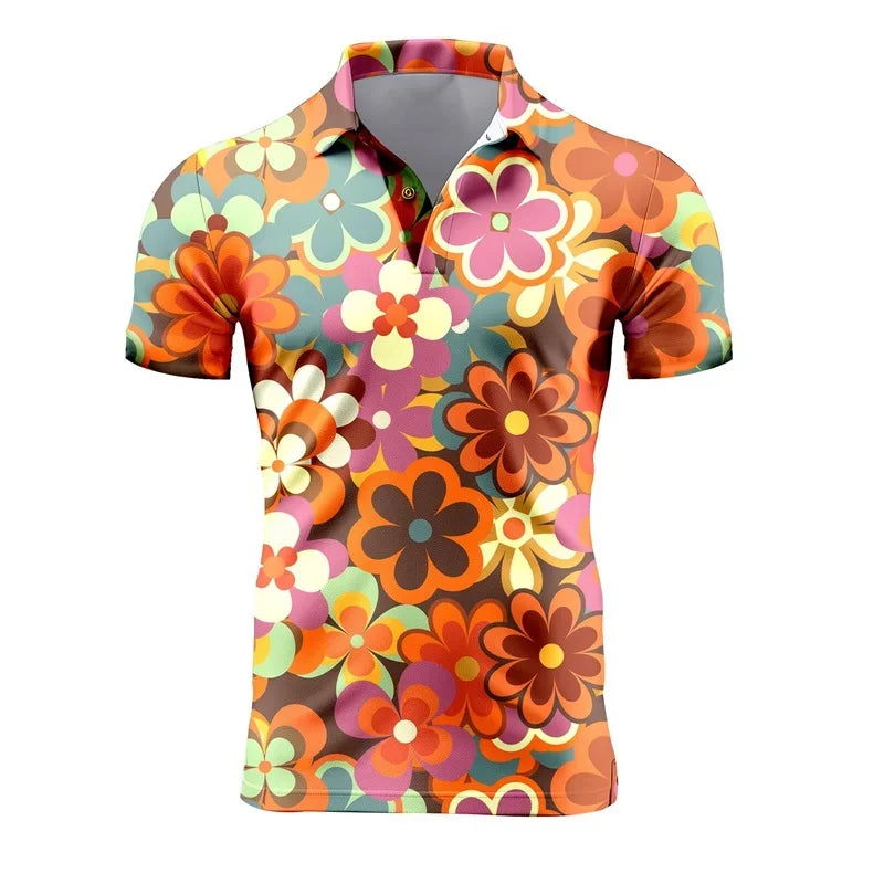 Mens Retro Short Sleeve Polo Shirts 3d Full Print Flower T Shirts For Men Summer Casual Oversized Tee Shirt Tops Blusa Masculina