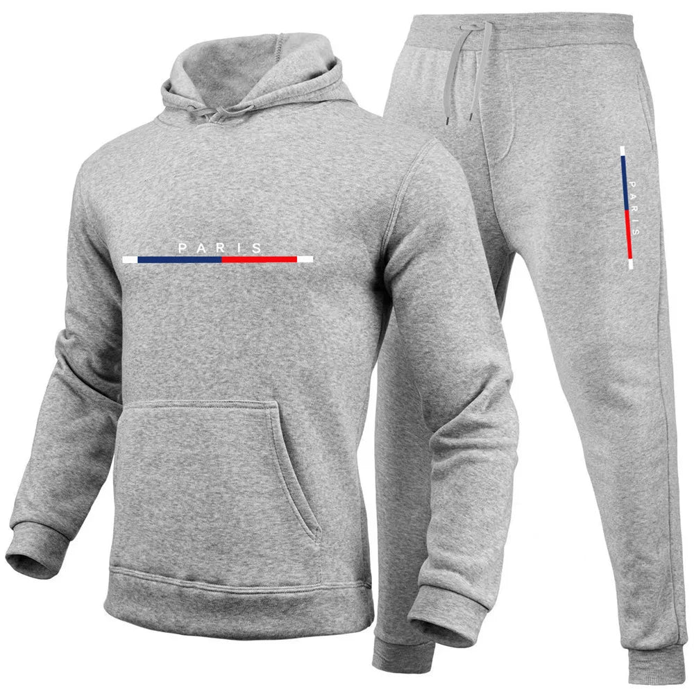 Paris Print, Men's 2Pcs Outfits, Casual Hoodies Long Sleeve Pullover Hooded Sweatshirt And Sweatpants Joggers Set For Spring Fal