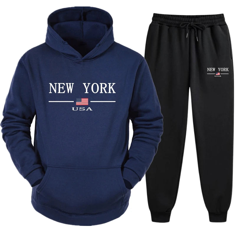 New Trend Mens Hooded Sweatshirts and Jogger Pants New York Printed Male Sportwear Classic Male Daily Casual Hoodies 2pcs Set