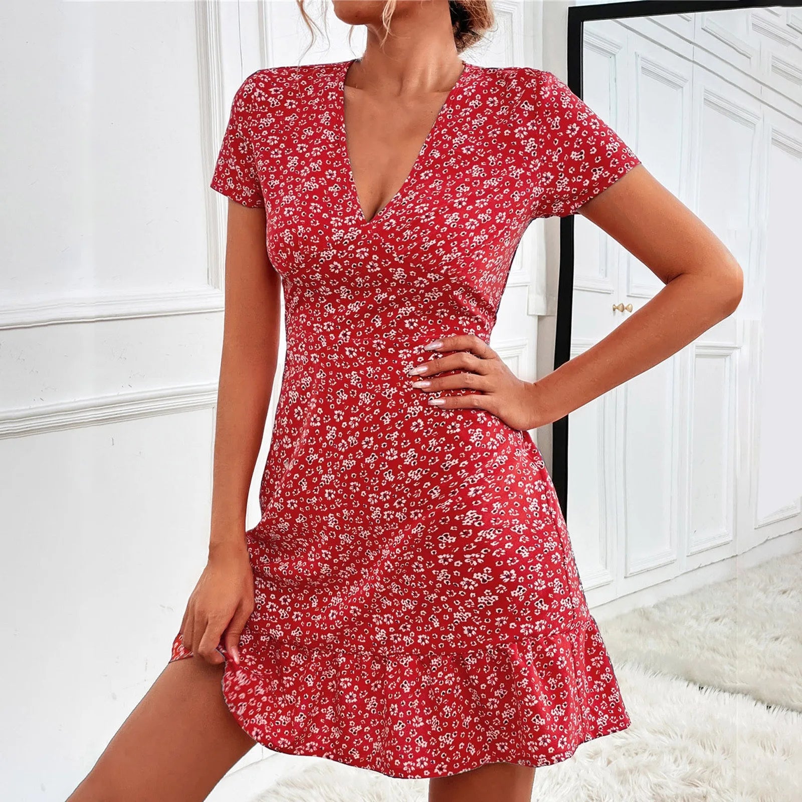 New In Floral Print Wrap Summer Dress Women 2025 Sundress Short Sleeve Sexy V Neck High Waist Slim Fit Short Mini Dresses Femme